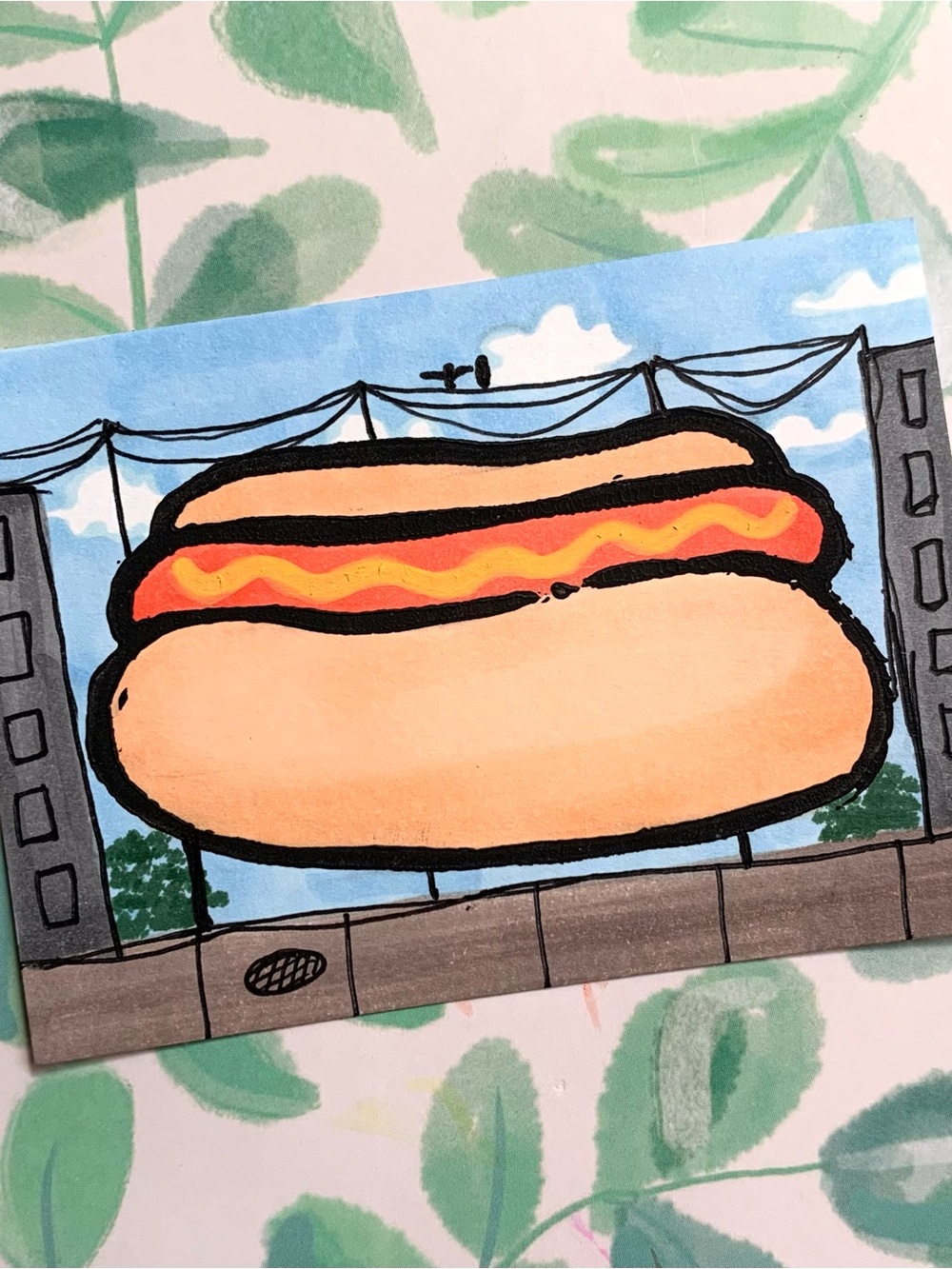 Hotdog Linocut Block Print Pop Art Card ATC ACEO 1/1